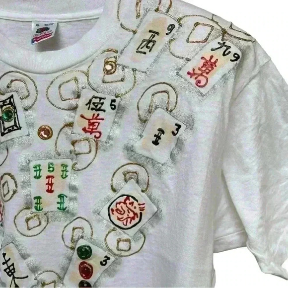 Vintage 80s 90s Bedazzled Handmade Oversized Mahjong Tee T shirt XL - Picture 5 of 10